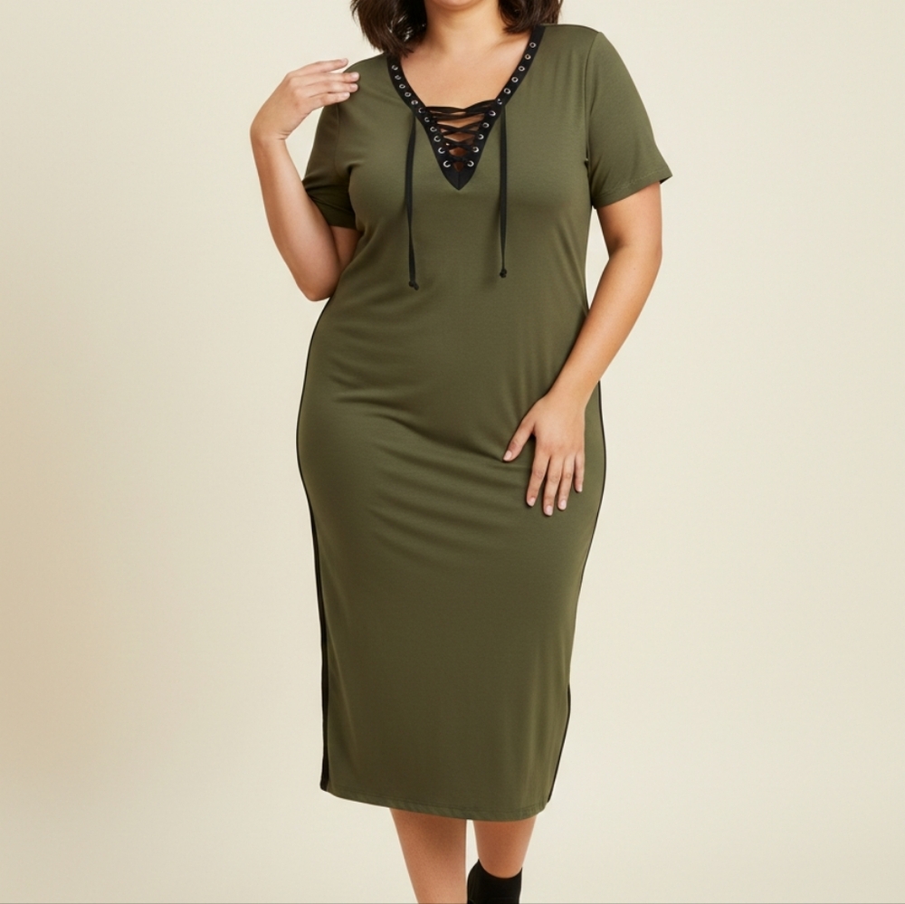 Derek Heart Plus Size Olive Green Lace-Up Dress
